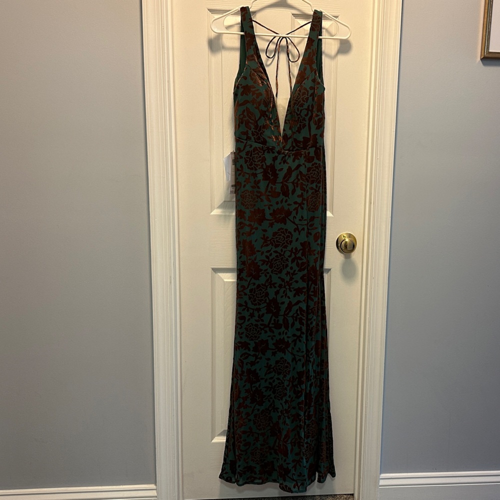 Azazie “Yolanda” Elegant Green and Brown Floral Maxi Dress      NWT